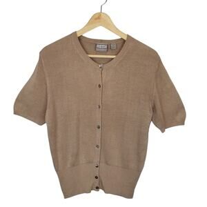 17 North Women's Latte Brown 100% Silk Button Up Short Sleeve Sweater Medium